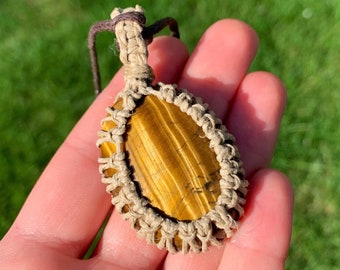 Tigers Eye - Oval Cabochon - Macrame Hemp-Wrapped Healing Crystal Necklace