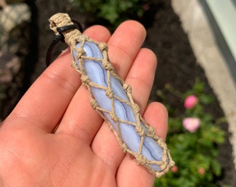 Blue Lace Agate - Macrame Hemp-Wrapped Healing Crystal Necklace
