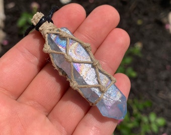 Aqua Aura Quartz Point - Macrame Hemp-Wrapped Healing Crystal Necklace