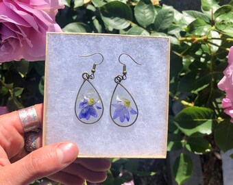 Pressed blue cornflower dangle earrings Bridal dangles botanical terrarium earrings Pressed flower jewelry bachelor button dangles