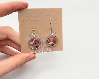Red Heart Earrings with Dried Flowers