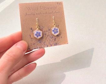 Hexagon Forget Me Not Earrings with White Background