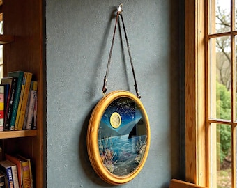 Lake Crescent at Night Wall Hanging, Real Flowers Added 8” THICK piece