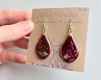 Gold Floral Earring with Burgundy Background