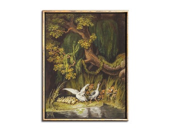 May include: A framed vintage print depicts a serene waterside scene. Two white birds with outstretched wings stand near a group of small animals, with a backdrop of lush greenery, a large tree, and a body of water. The frame has a gold finish.