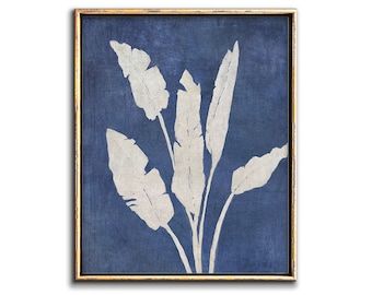 Banana Leaf Print Downloadable Art, Tropical Decor Printable Artwork, Tropical Leaf Print Digital Download, Indigo Wall Art Print, Blue Art
