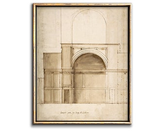 Op de afbeelding: Een zwart-witte architectonische tekening van een gevel met een gebogen deuropening en een groot raam. De tekening is ingelijst in een gouden lijst. De tekst "disegno per la facciata del teatro" staat onderaan de tekening.