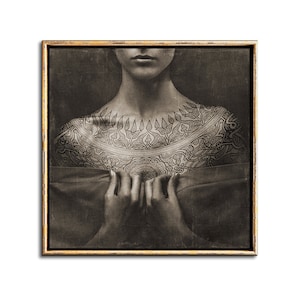 Dark Portrait Tattoo Print Downloadable Prints, Boho Chic Female Portrait Sepia Photo Dark Moody Neutral Wall Art Printable Artwork