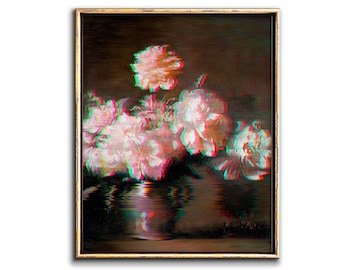 Glitch Art Pink Peony Painting Downloadable Prints, Still Life Painting Surreal Art Peonies Eclectic Wall Art Printable Digital Download