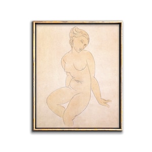 May include: A line drawing of a nude woman sitting with her head tilted down. The drawing is in shades of brown and beige on a cream background.