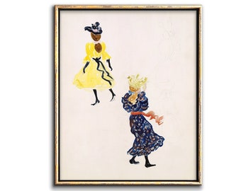 May include: A watercolor painting of two figures in dresses. One figure is wearing a yellow dress with a black bow and a black hat. The other figure is wearing a blue and black dress with a red sash and a yellow crown.
