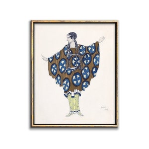 Vintage theaterkostuum ontwerp illustratie Art Deco Poster downloaden, Vintage Fashion Print afdrukbare muurkunst, aquarel