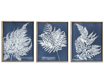 Blue Fern Prints Digital Download Art, Botanical Print Set of 3 Piece Wall Art Over The Bed Art Downloadable Prints Leaf Printable