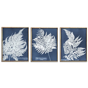 Blue Fern Prints Digital Download Art, conjunto de impressão botânica de 3 peças de arte de parede sobre a cama Art Prints para download Folha para impressão