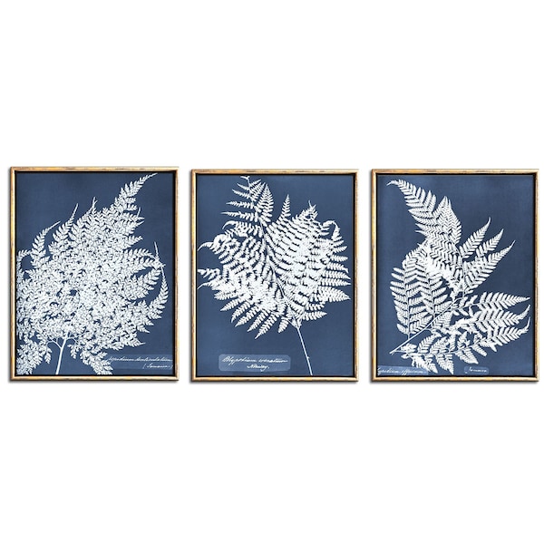 Blue Fern Prints Digital Download Art, Botanical Print Set of 3 Piece Wall Art Over The Bed Art Downloadable Prints Leaf Printable