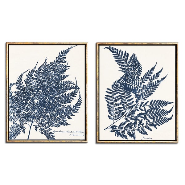 Blue Fern Prints Downloadable Art, Fern Art Botanical Poster Wall Art Set of 2 Prints Digital Download Art, Fern Leaf Botanical Print Set