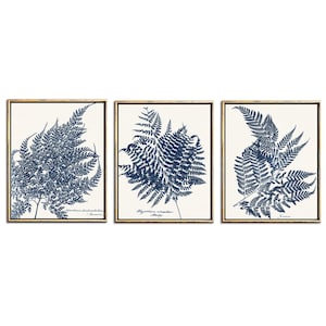 Blue Botanical Fern Print Downloadable Prints,  Leaf Botanical Print Set of 3 Piece Wall Art Digital Download, Indigo Blue  Printable