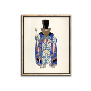 May include: A vintage illustration of a man in a blue and gold patterned robe with a tall black hat and a staff. The man has a beard and is standing in a neutral pose.