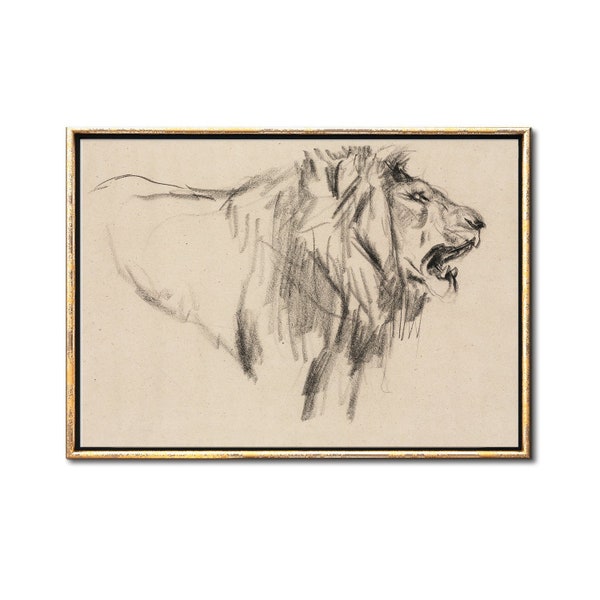 León pared arte vida silvestre dibujo imprimible arte de la pared, gran gato animal arte carbón dibujo impresiones descargables, arte de la pared del león