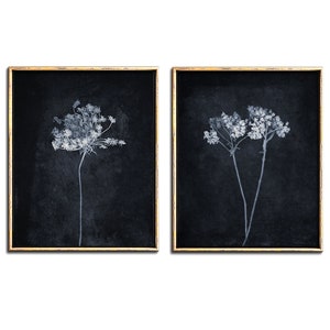 Blue botanical poster set of 2 downloadable prints, Moody floral printable wall art