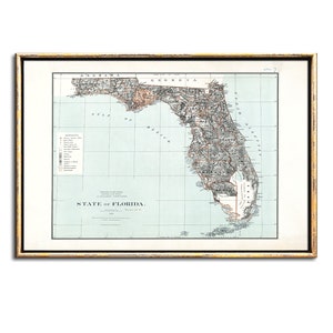 Kaart van digitale prints van de staat Florida, vintage kaart afdrukbare muurkunst