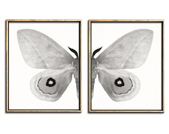 Butterfly Wall Art Set of 2 Downloadable Prints, Gray Wall Art Split Butterfly Printable, Greige Decor Moth Print Printable Artwork