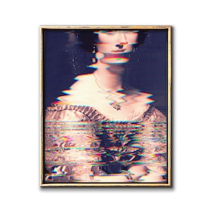 Retrato de arte glitch de una mujer descarga instantánea, surrealismo falló cartel decoración de pared imprimible
