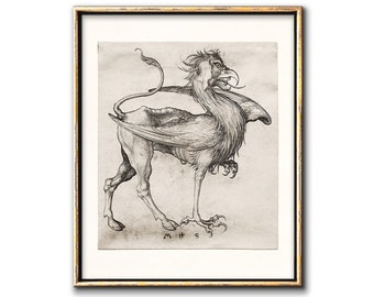 Vintage Medieval griffin wall art digital print, Mythical beasts fantasy diy decor instant download