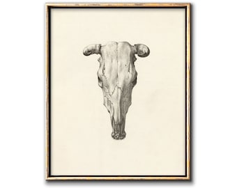 Cow Skull Pencil Drawing Digital Download, Southwest Wall Art Downloadable Prints