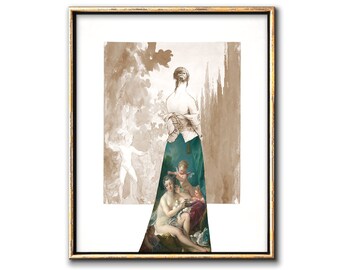 Sukienka Kolaż Ilustracja Pobieralne Wydruki, Eklektyczna Sztuka Ścienna Do Wydruku, Boho Decor Cyfrowy Wydruk Malarstwo Rysunek Vintage