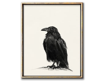 Raven Art Downloadable Prints, Bird Charcoal DrawingPrintable Wall Art, Crow Digital Download, Bird Poster Gallery Wall Artwork