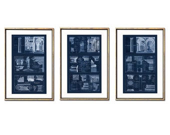 May include: Set of three blue and white architectural prints in gold frames. Each print features a detailed illustration of different architectural elements, including columns, arches, and capitals.