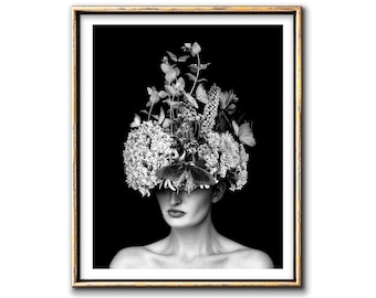 Moderne boho botanische Porträt-herunterladbare Drucke, stimmungsvolle schwarz-weiße Fotocollage surreale druckbare Wandkunst