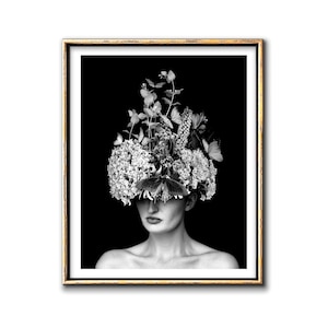 Modern bohemian botanical portrait downloadable prints, Black and white moody photo collage surreal printable wall art