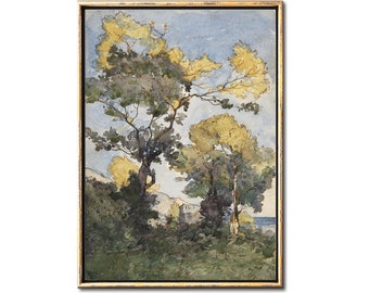 Arte digital de acuarela de paisaje forestal, láminas de árboles, arte mural imprimible de pintura vintage