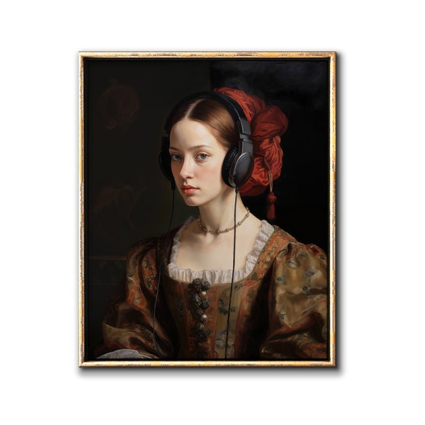 Neo Renaissance Portrait Digital Prints, Bohemian painting of a girl wearing earphones downloadable prints wall decor