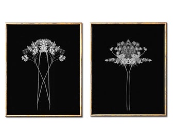 Contemporary botanical art set of two digital prints, Unique dark floral photography downloadable art