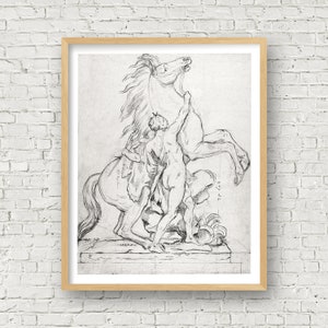 May include: A black and white pencil drawing of a man struggling to control a rearing horse. The drawing is framed in a light wood frame.