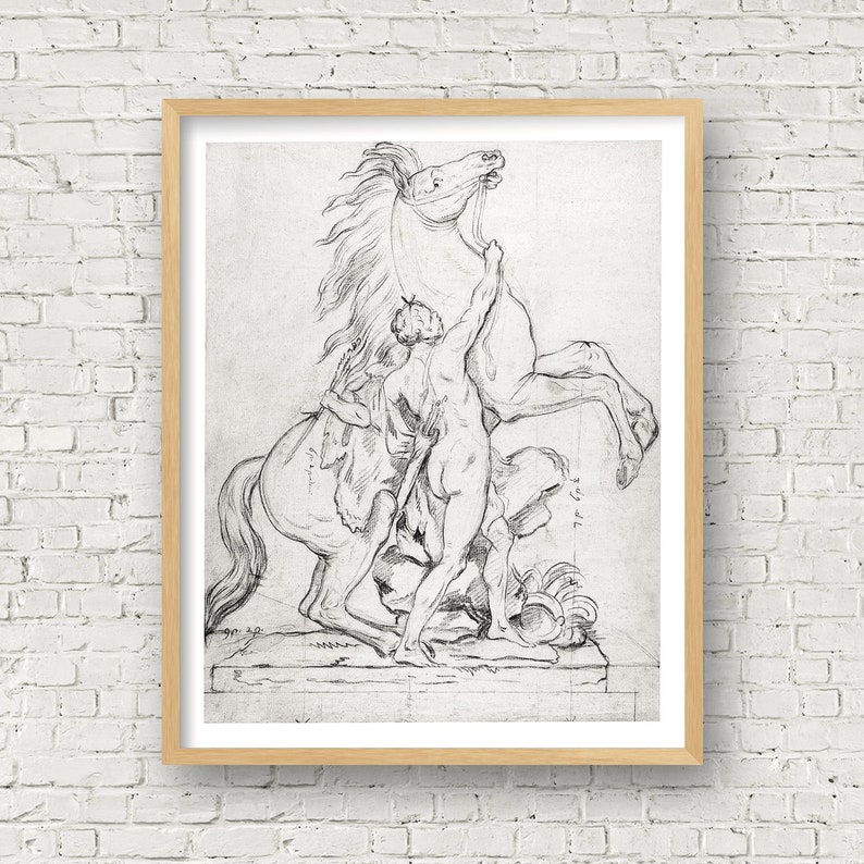 May include: A black and white pencil drawing of a man struggling to control a rearing horse. The drawing is framed in a light wood frame.