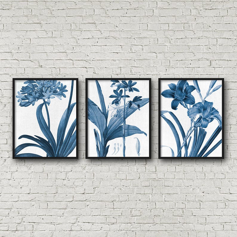 Blue Botanical Print Set of 3 Art Prints Printable Artwork, Blue and ...