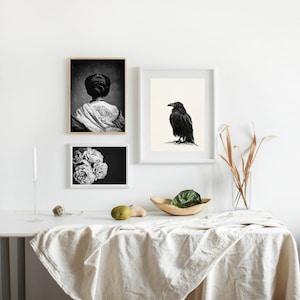 May include: Three black and white framed prints on a white wall. The prints are of a woman with a tattoo, a raven, and a bouquet of flowers.