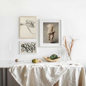 Pu&ograve; includere: Tre stampe incorniciate su una parete bianca sopra un tavolo bianco con una tovaglia di lino. Le stampe sono di un design astratto in bianco e nero, un disegno in bianco e nero di una persona in una vasca da bagno e una fotografia a colori di una statua di marmo di una persona.
