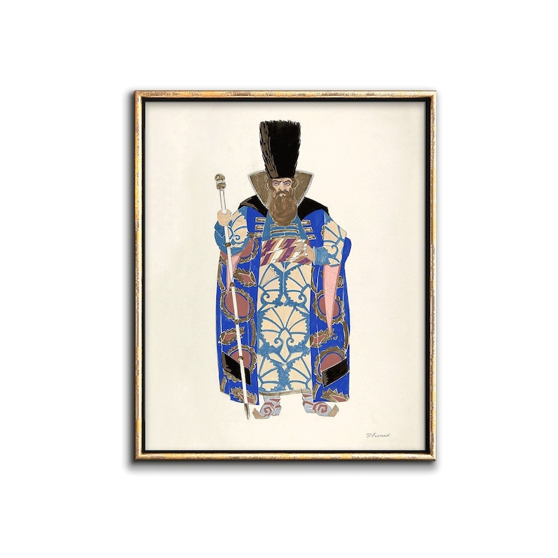 May include: A vintage illustration of a man in a blue and gold patterned robe with a tall black hat and a staff. The man has a beard and is standing in a neutral pose.