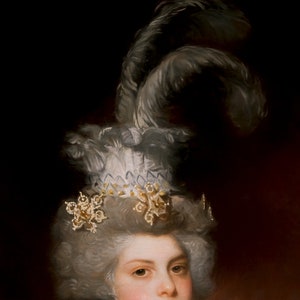 May include: A portrait of a person with powdered grey hair and an elaborate headdress. The headdress has a white lace base with gold details and tall, grey feathers. The background is a dark, muted red.