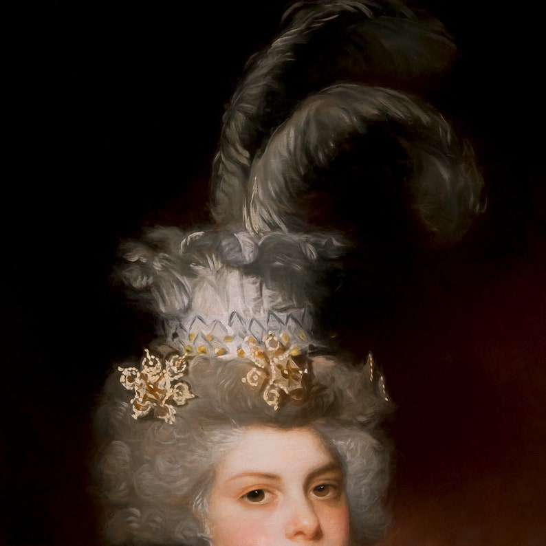May include: A portrait of a person with powdered grey hair and an elaborate headdress. The headdress has a white lace base with gold details and tall, grey feathers. The background is a dark, muted red.