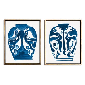 Blue and White Wall Art Set of Two Digital Prints, Abstract Navy Indigo Ink Drawing of Ginger Jar Diptych Sunroom Decor Printable Wall Art
