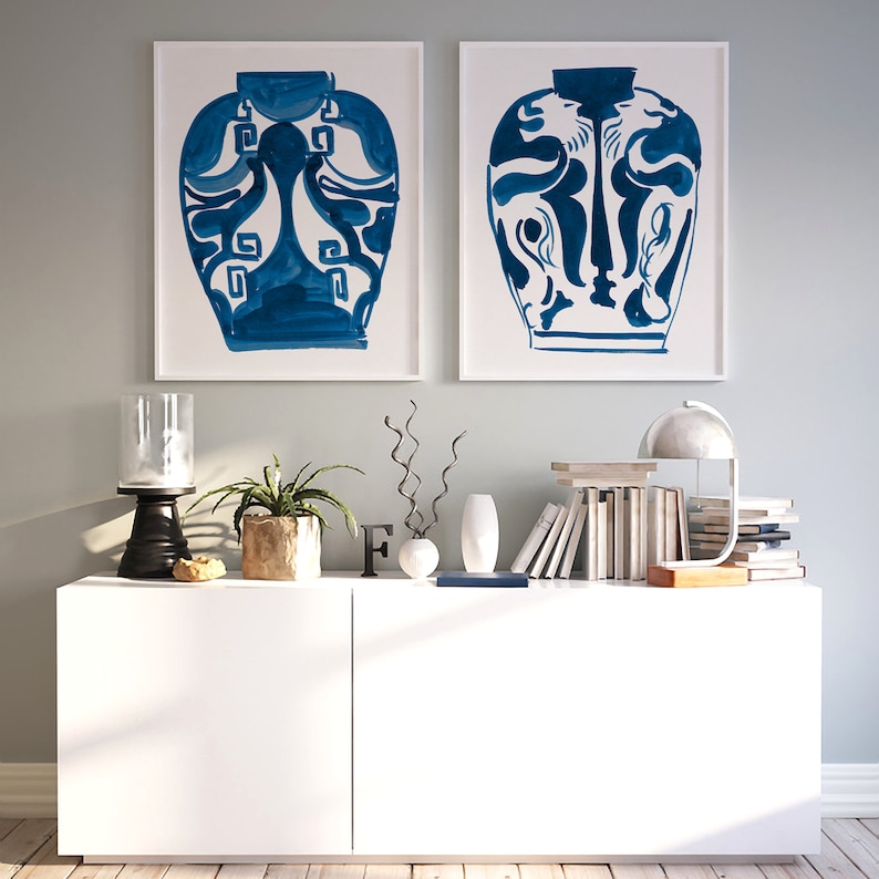Blue and White Wall Art Set of Two Digital Prints Abstract Etsy