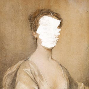 May include: A sepia toned portrait of a woman with her face obscured by a white, textured paper covering. The woman is wearing a light brown, low-cut dress.