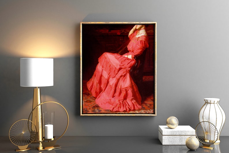 May include: A framed painting of a woman in a red dress sitting in a chair. The painting is set against a dark background and the woman's dress has many ruffles.