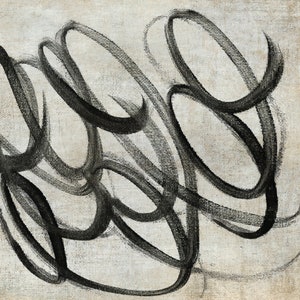 May include: Abstract painting with black brushstrokes on a white canvas. The brushstrokes are thick and layered, creating a sense of movement and energy.